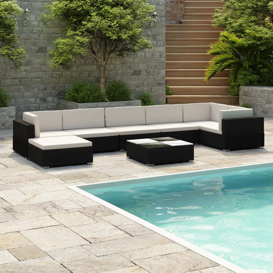 Garden furniture set with cushions, 8 pieces, black, polyrattan