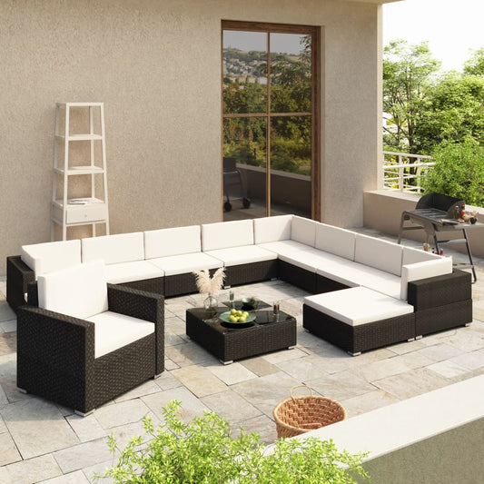 Garden furniture set with cushions, 12 pieces, black, polyrattan