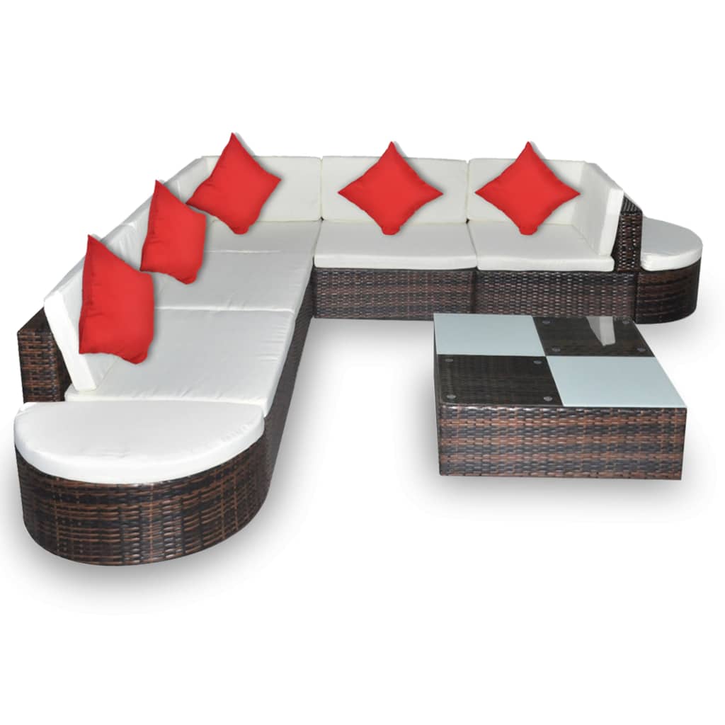 Garden furniture set with cushions, 8 pieces, brown, polyrattan