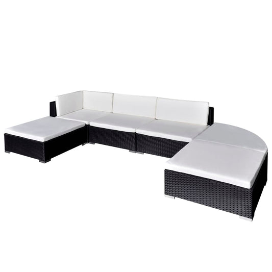 Garden furniture set with cushions, 6 pieces, black, polyrattan