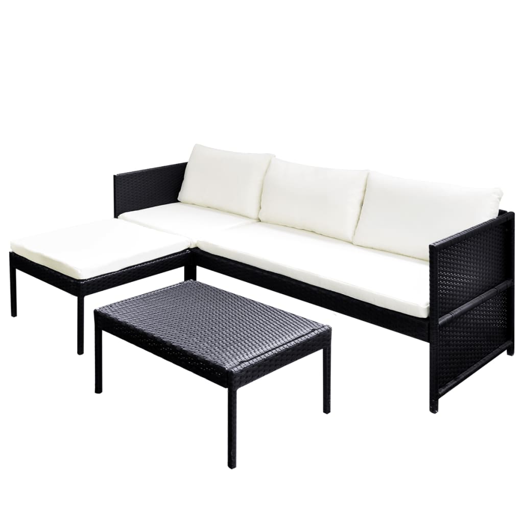 Garden furniture set with cushions, 3 pieces, black, polyrattan