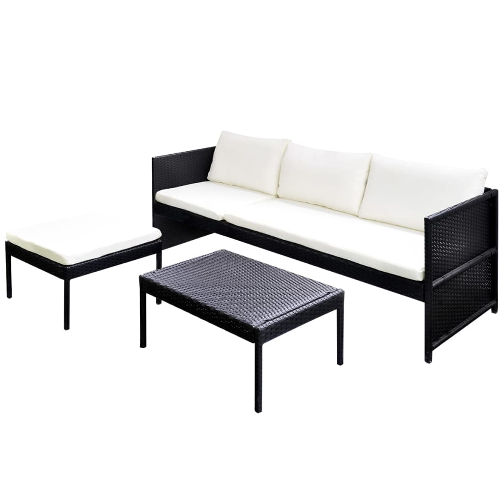 Garden furniture set with cushions, 3 pieces, black, polyrattan