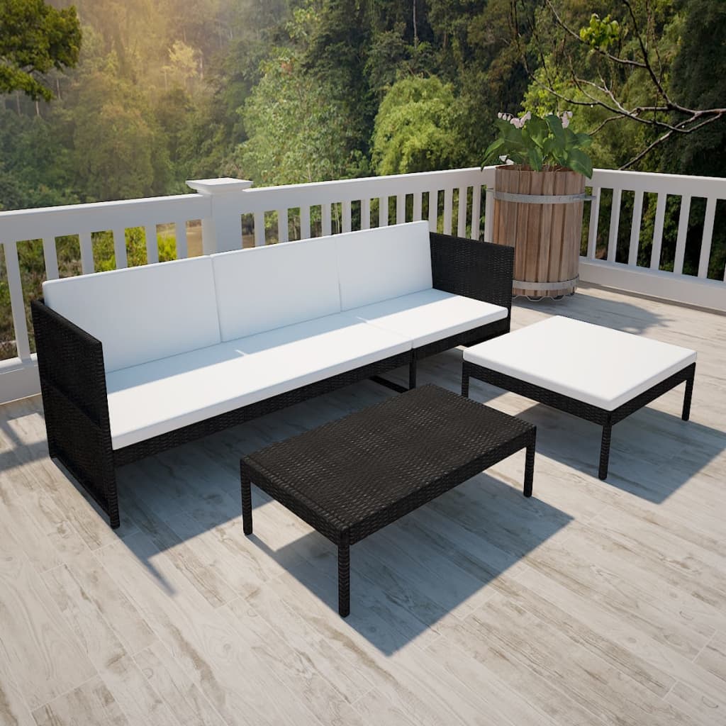 Garden furniture set with cushions, 3 pieces, black, polyrattan