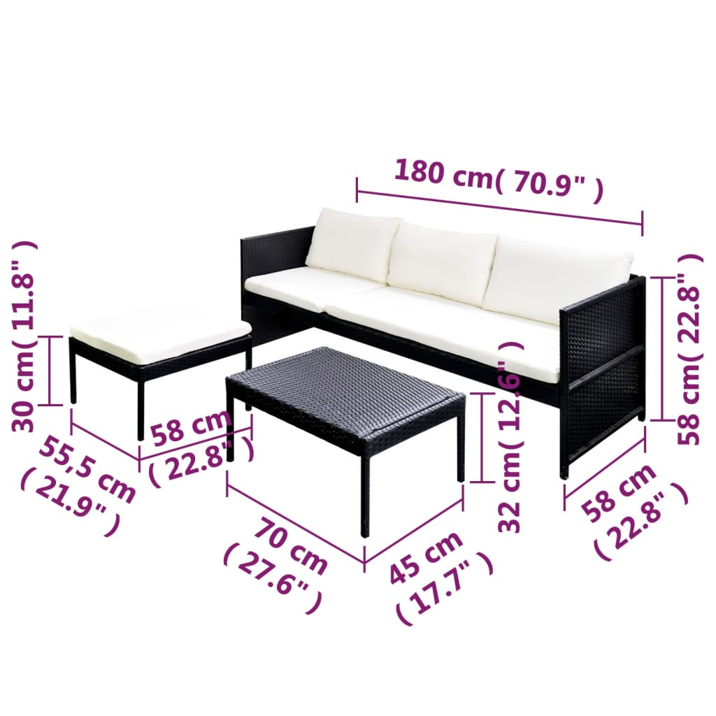 Set mobilier de grădină cu perne, 3 piese, negru, poliratan