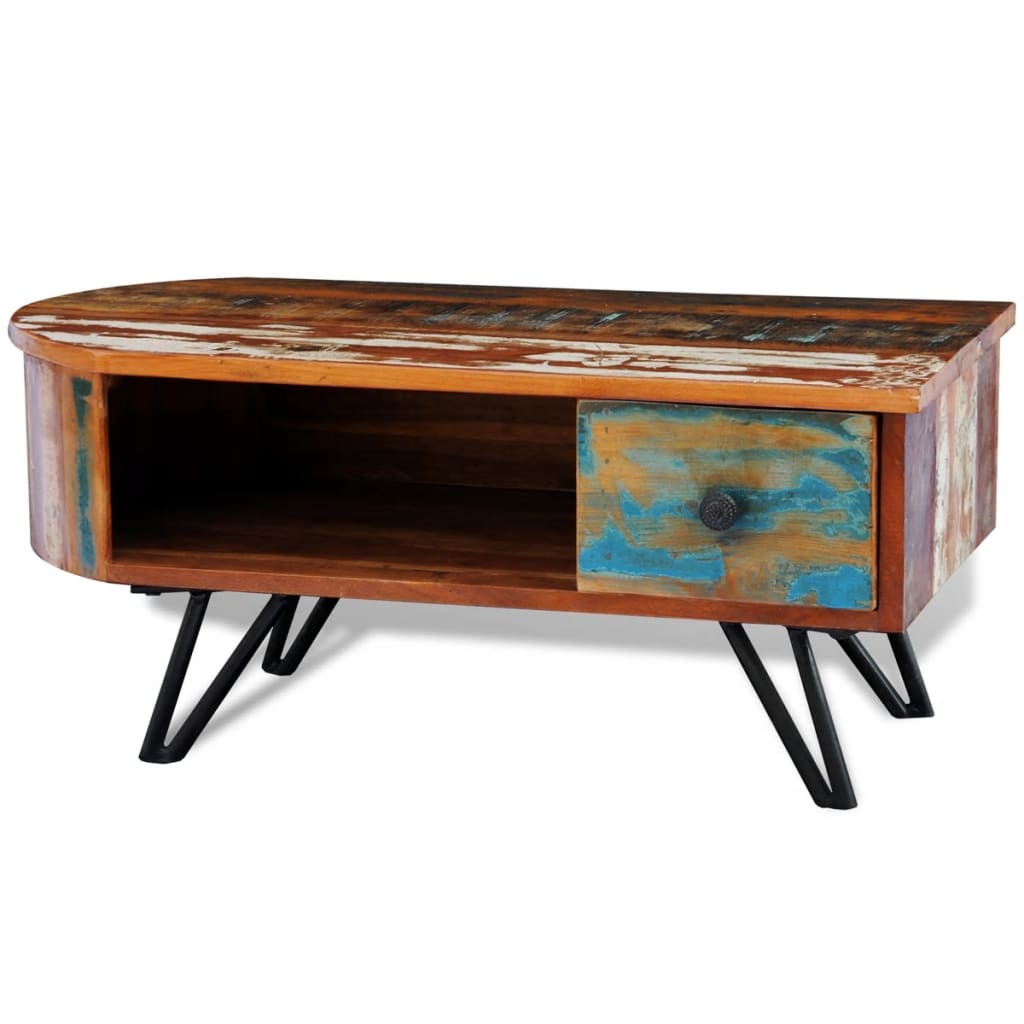 Coffee table with iron stake legs, solid recycled wood