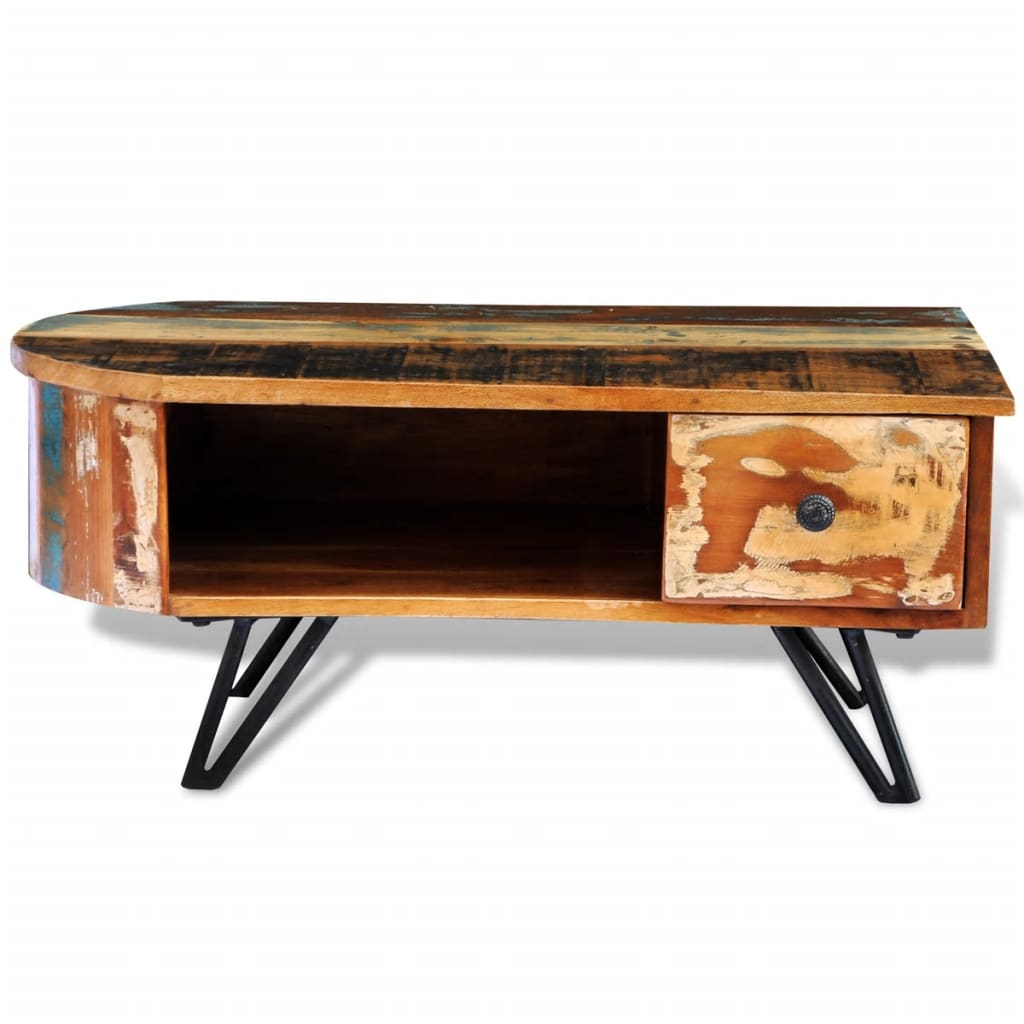 Coffee table with iron stake legs, solid recycled wood