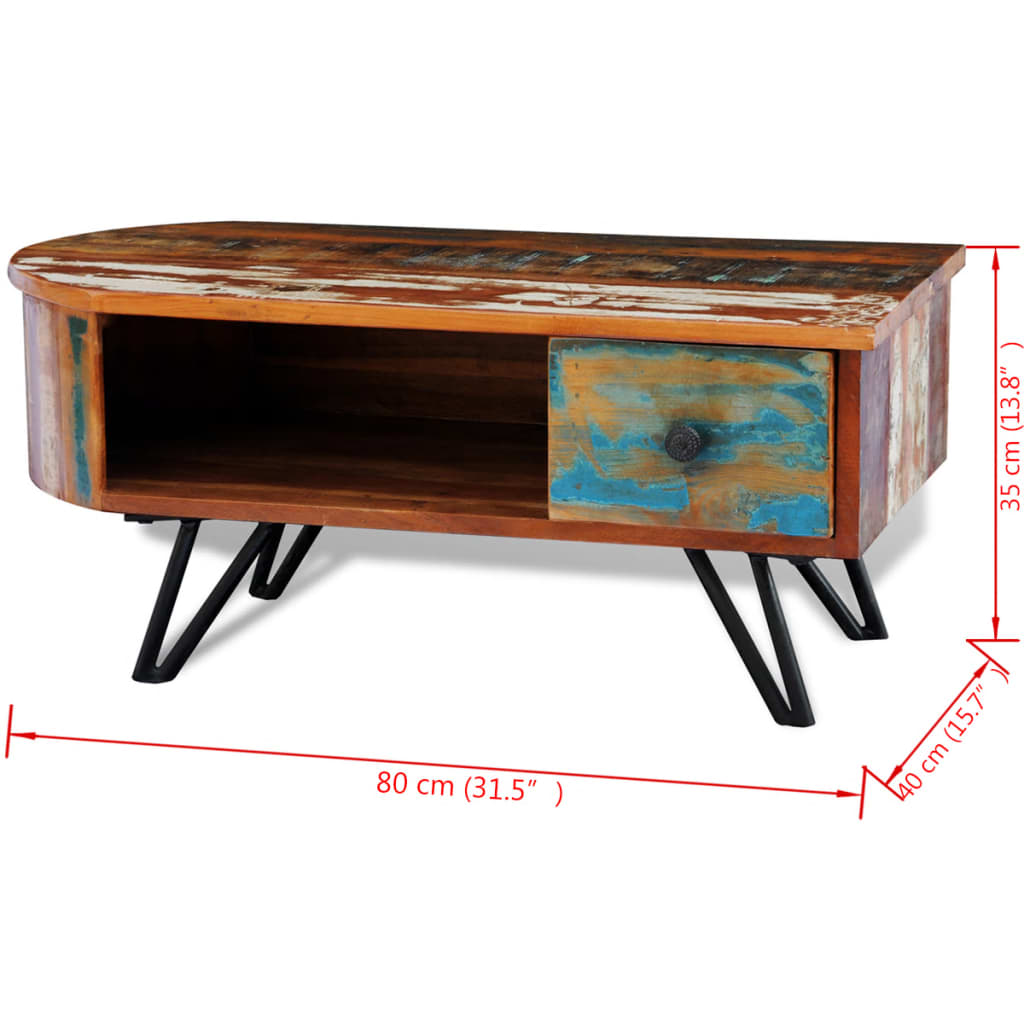 Coffee table with iron stake legs, solid recycled wood