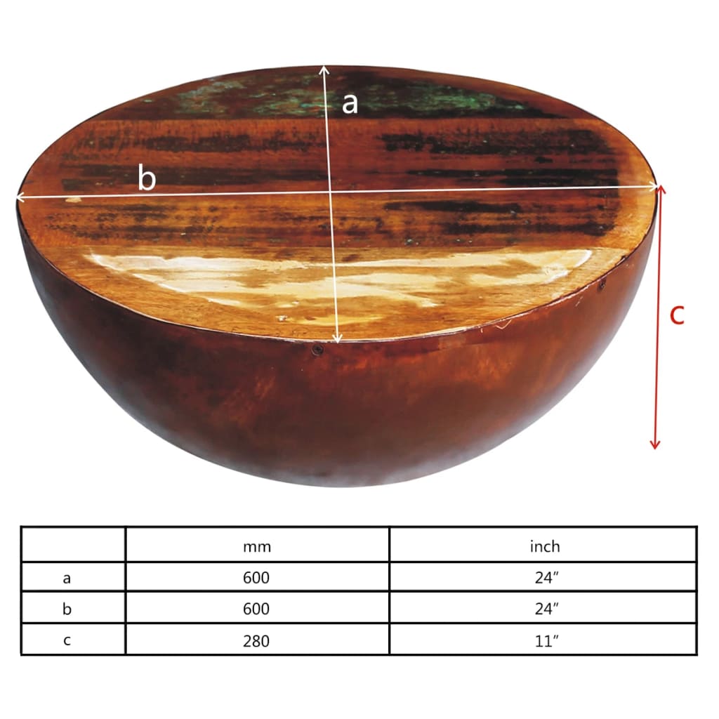 Coffee table, bowl shape, steel base, solid recycled wood