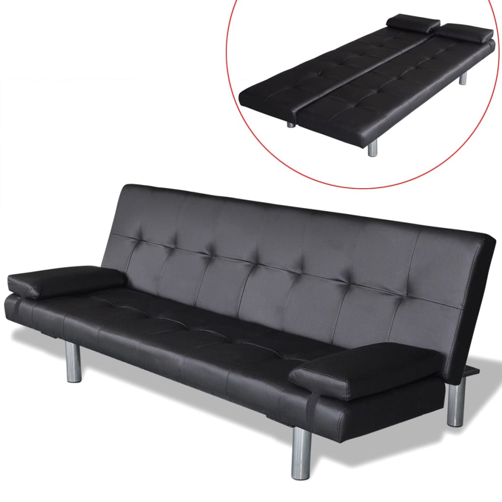 Sofa bed 2 cushions, artificial leather, adjustable black