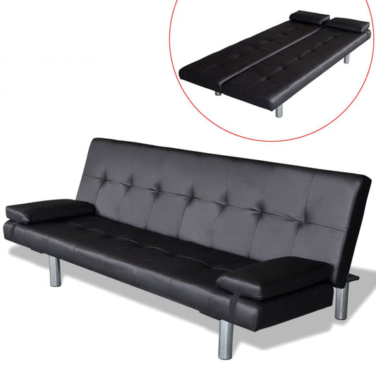 Sofa bed 2 cushions, artificial leather, adjustable black