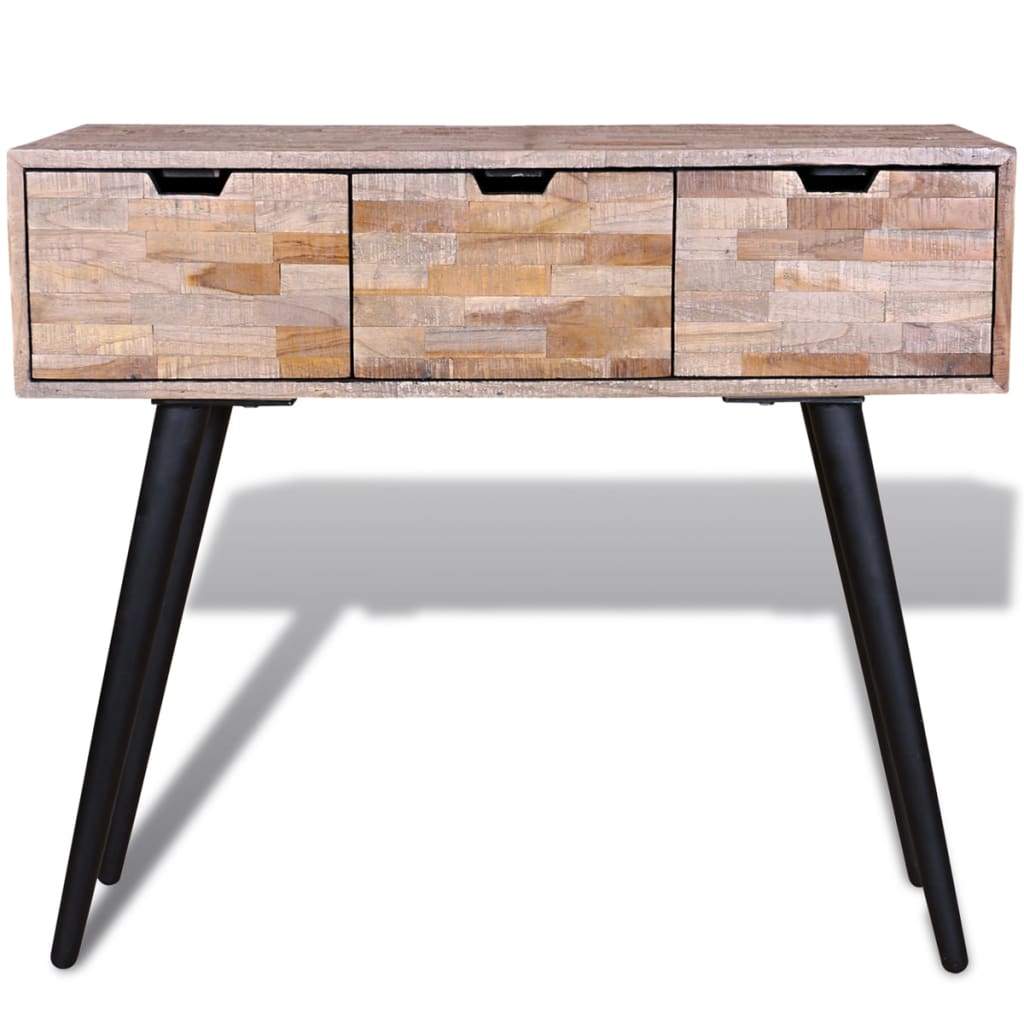 Console table with 3 drawers, recycled teak wood