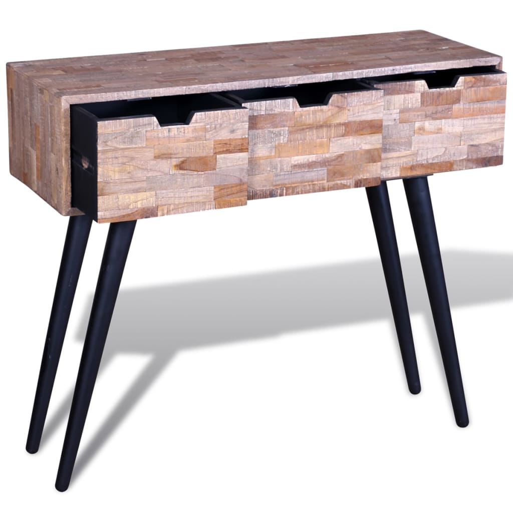 Console table with 3 drawers, recycled teak wood