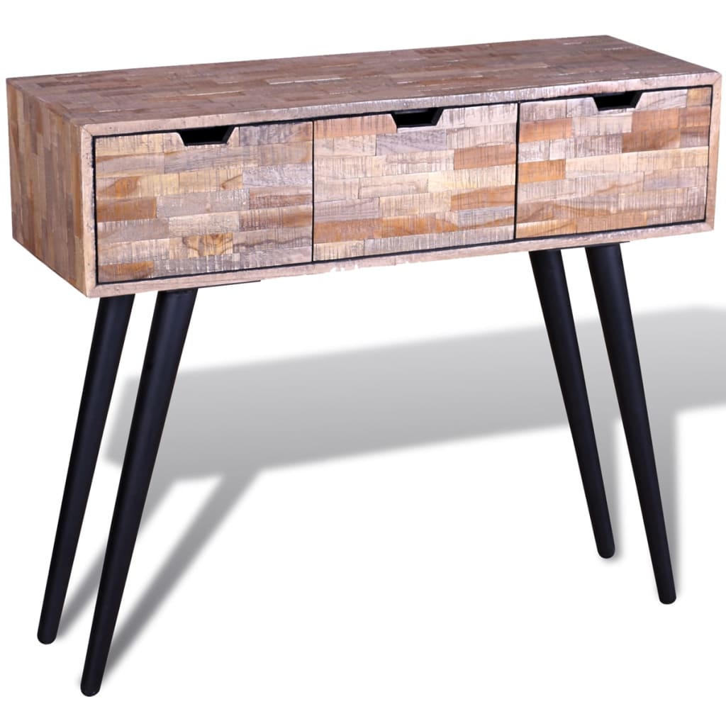 Console table with 3 drawers, recycled teak wood