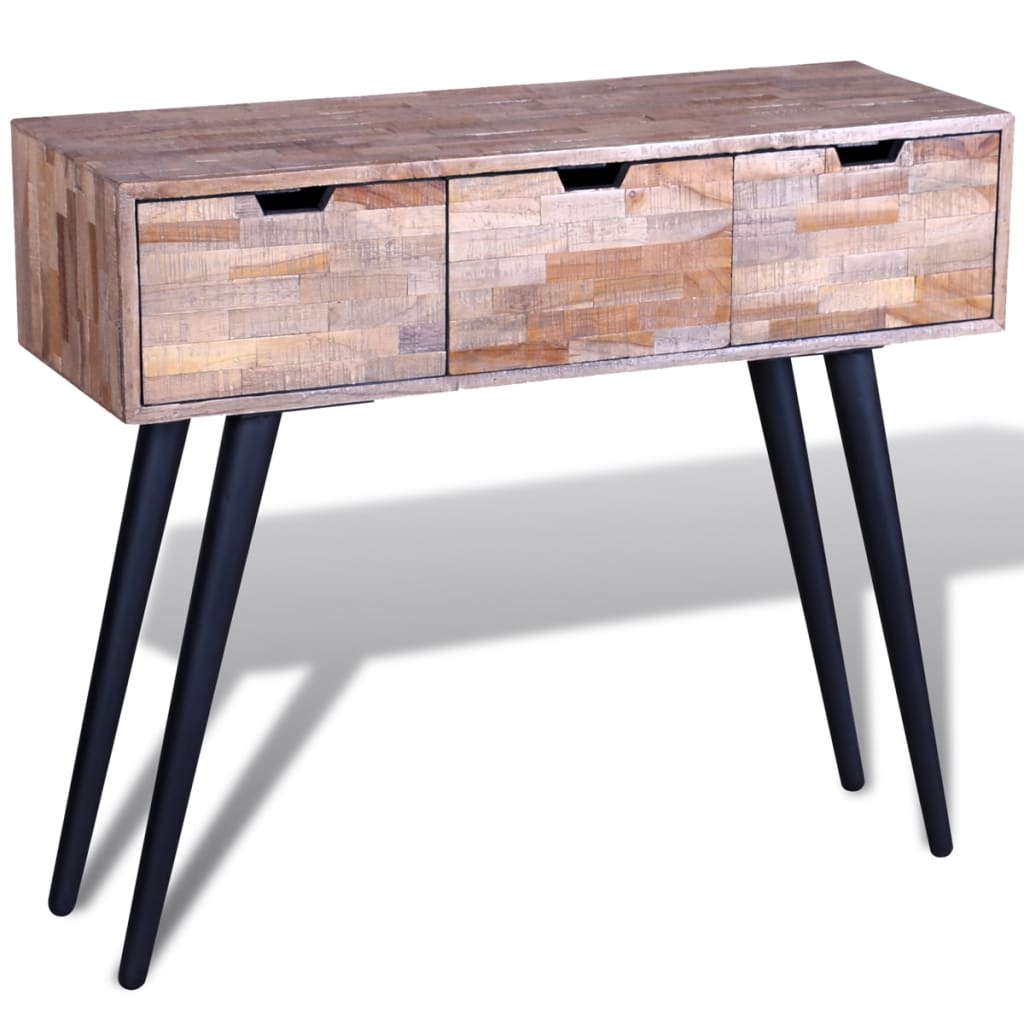 Console table with 3 drawers, recycled teak wood