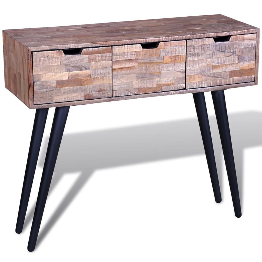 Console table with 3 drawers, recycled teak wood