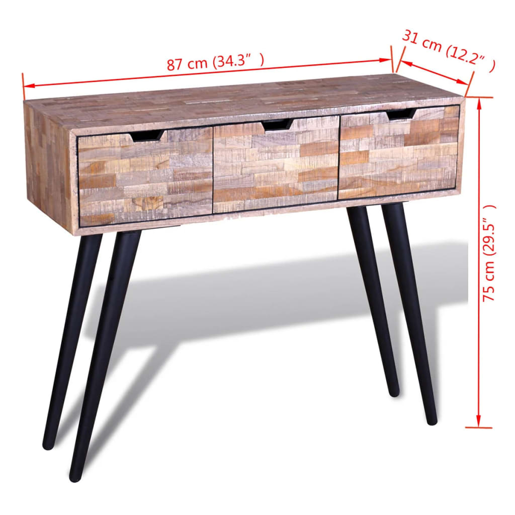 Console table with 3 drawers, recycled teak wood