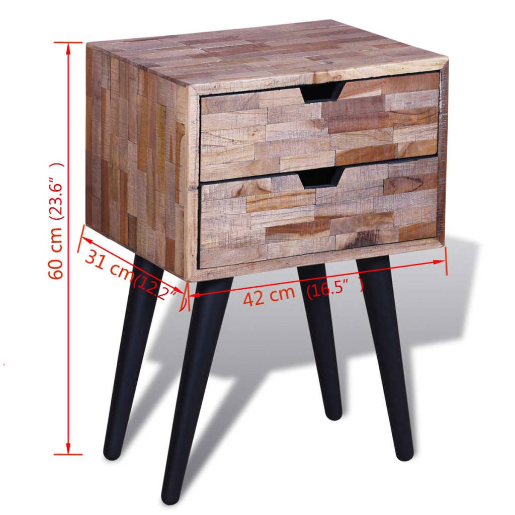 Bedside table with 2 drawers, recycled teak wood