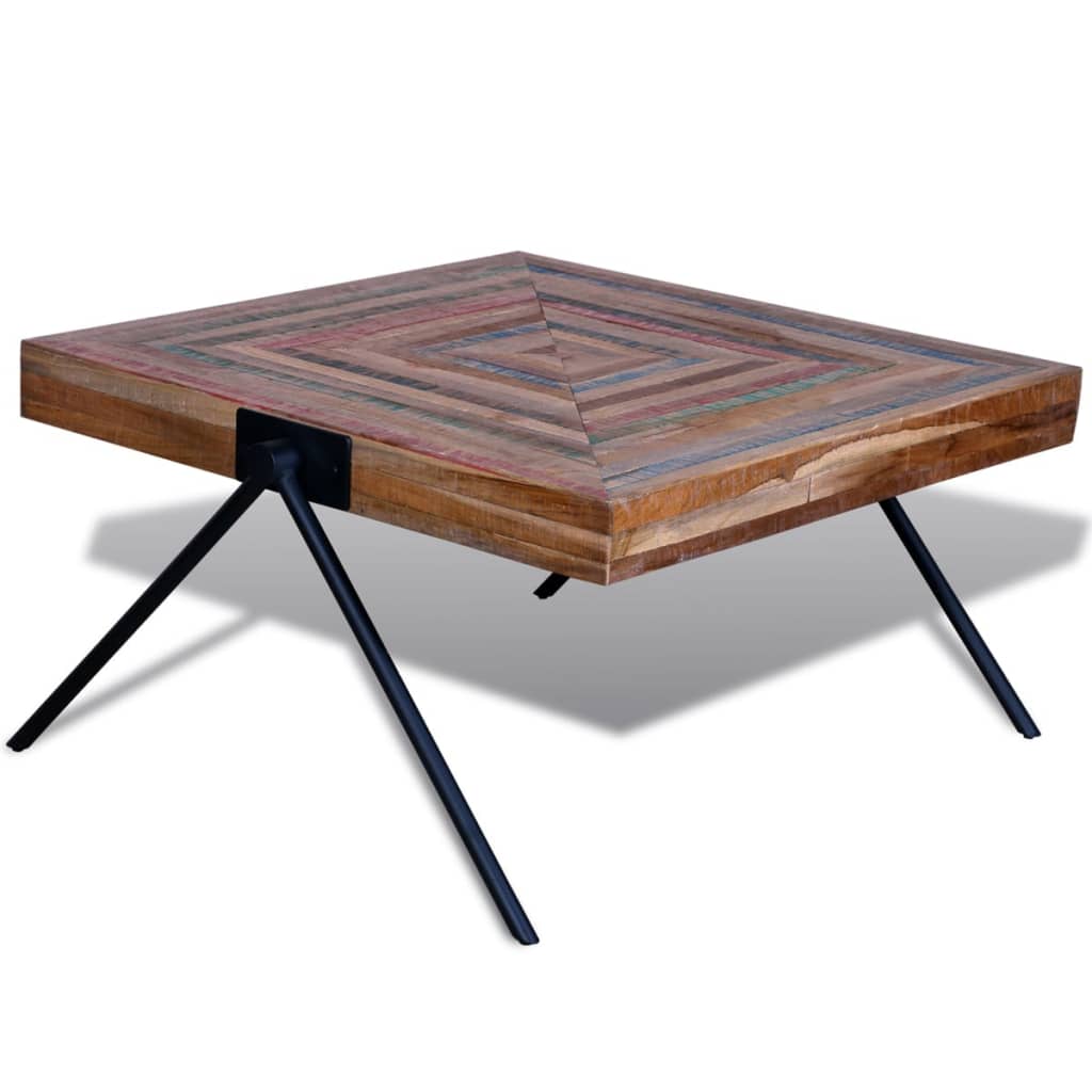 Coffee table with V-shaped legs, recycled teak wood