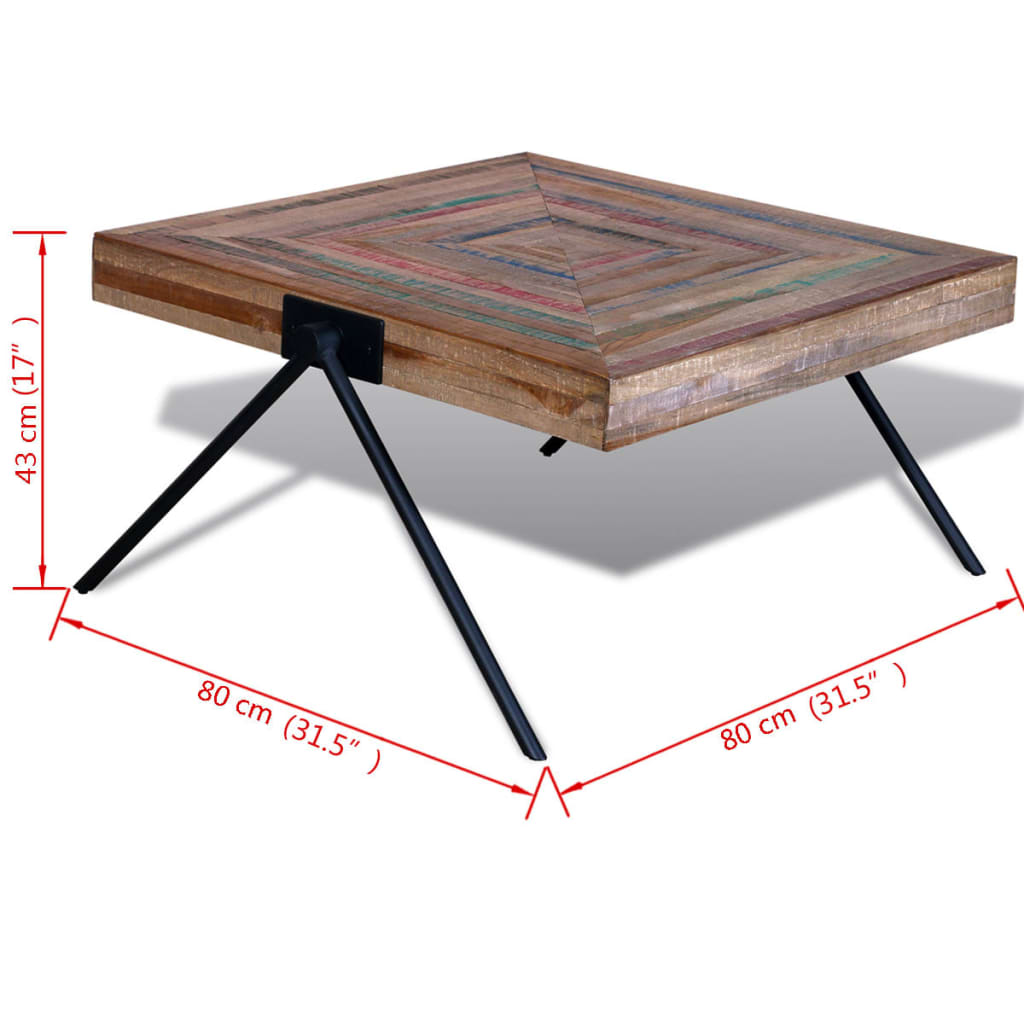 Coffee table with V-shaped legs, recycled teak wood