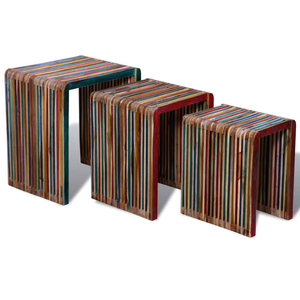 3-piece stacking table set, recycled teak wood, multicolor