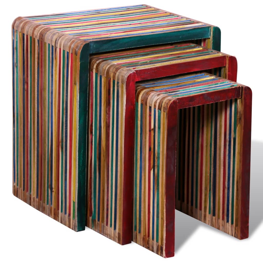 3-piece stacking table set, recycled teak wood, multicolor