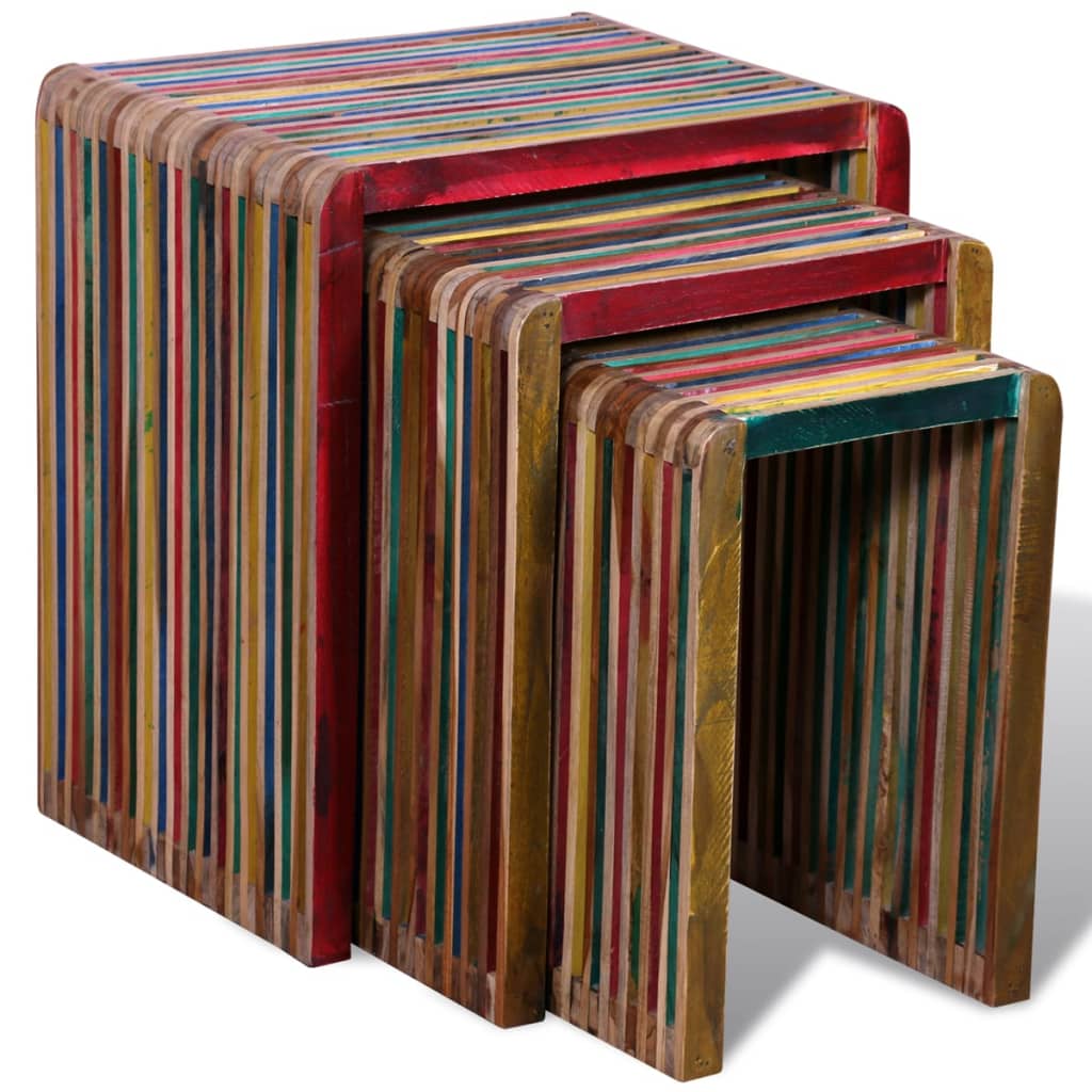 3-piece stacking table set, recycled teak wood, multicolor