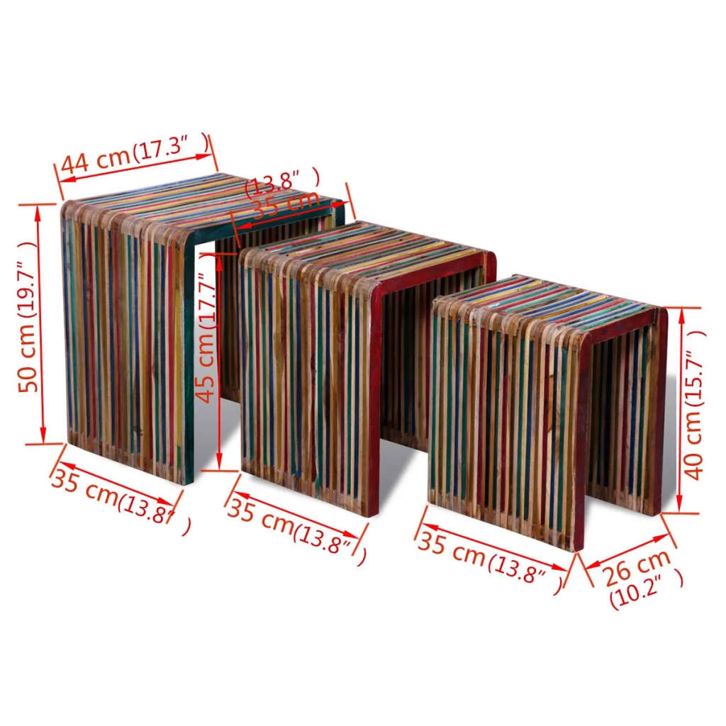 3-piece stacking table set, recycled teak wood, multicolor