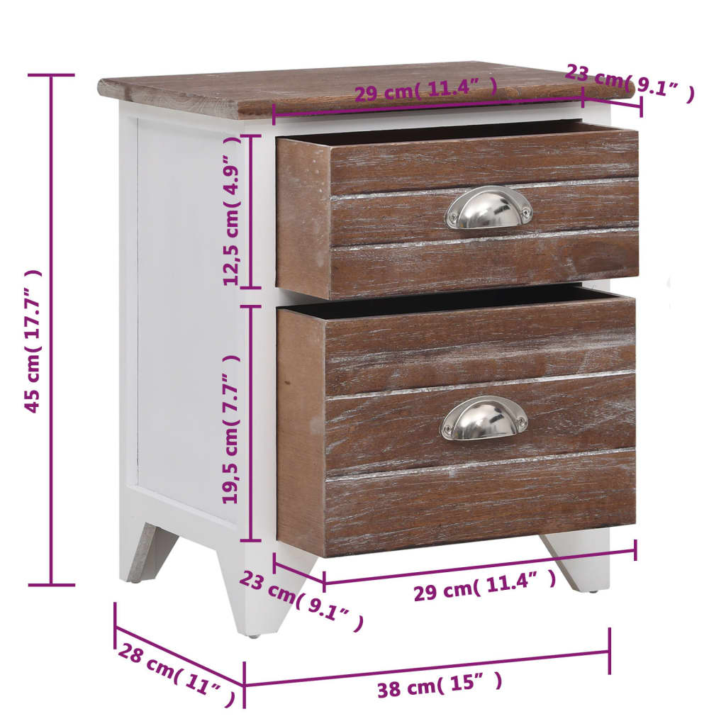 Bedside table with 2 drawers, 2 pcs, brown and white