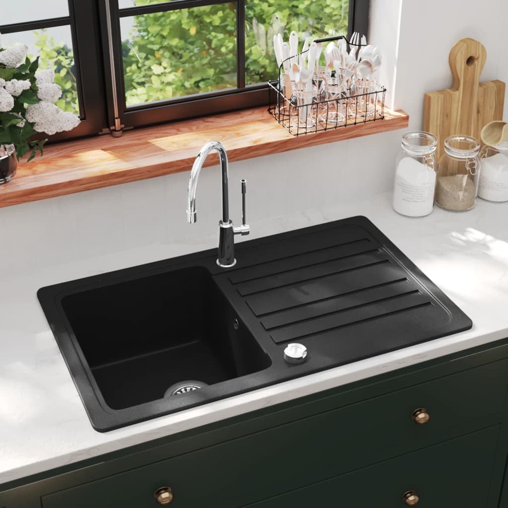 Granite kitchen sink, single bowl with reversible drainer, black