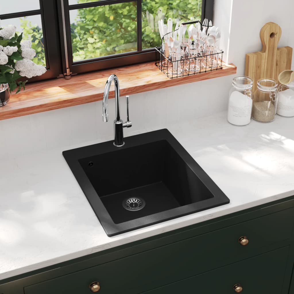 Overmount kitchen sink, single bowl, black, granite