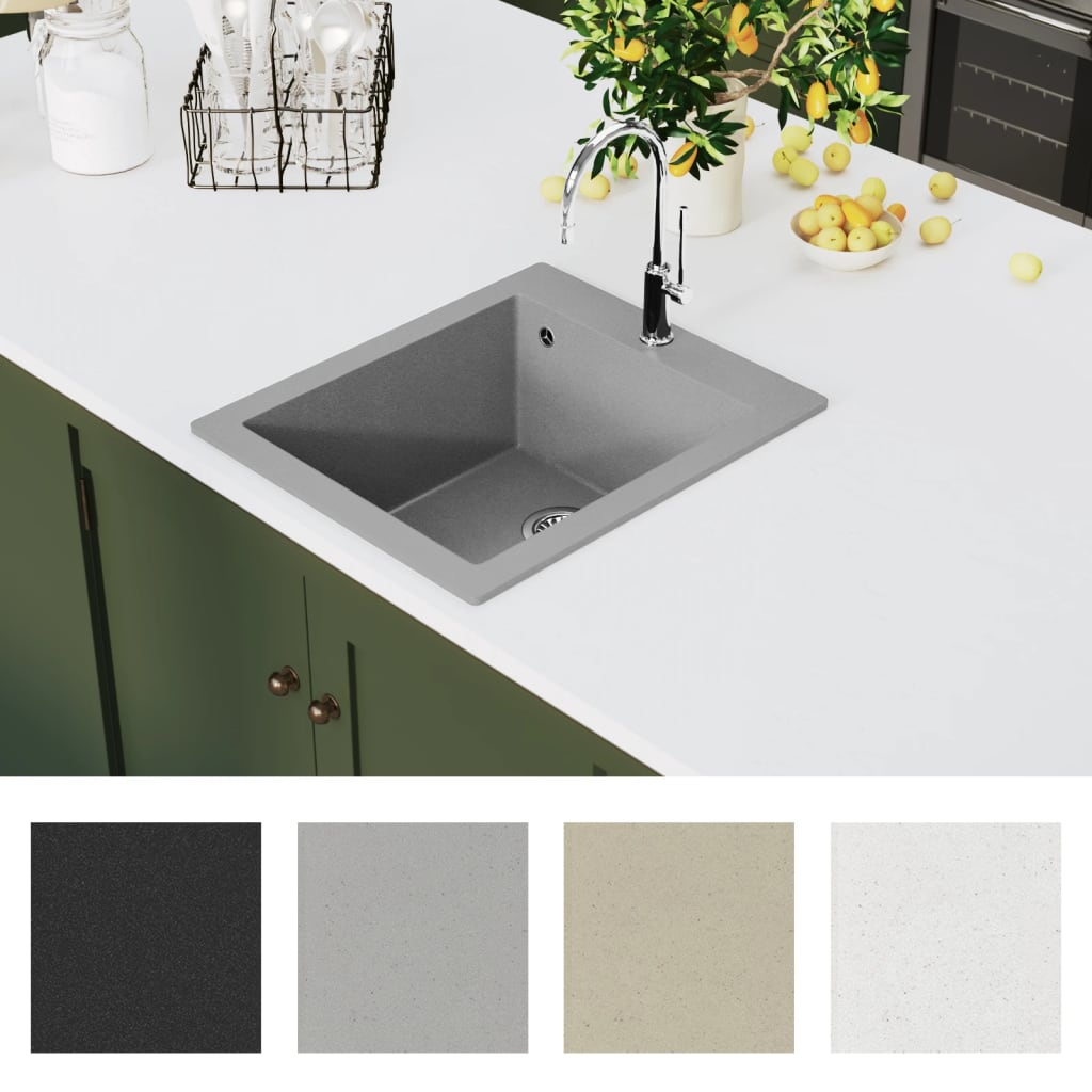 Overmount kitchen sink, single bowl, gray, granite