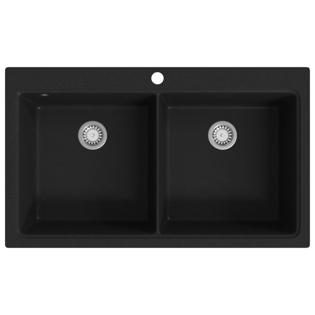 Undermount granite kitchen sink, double bowl, black