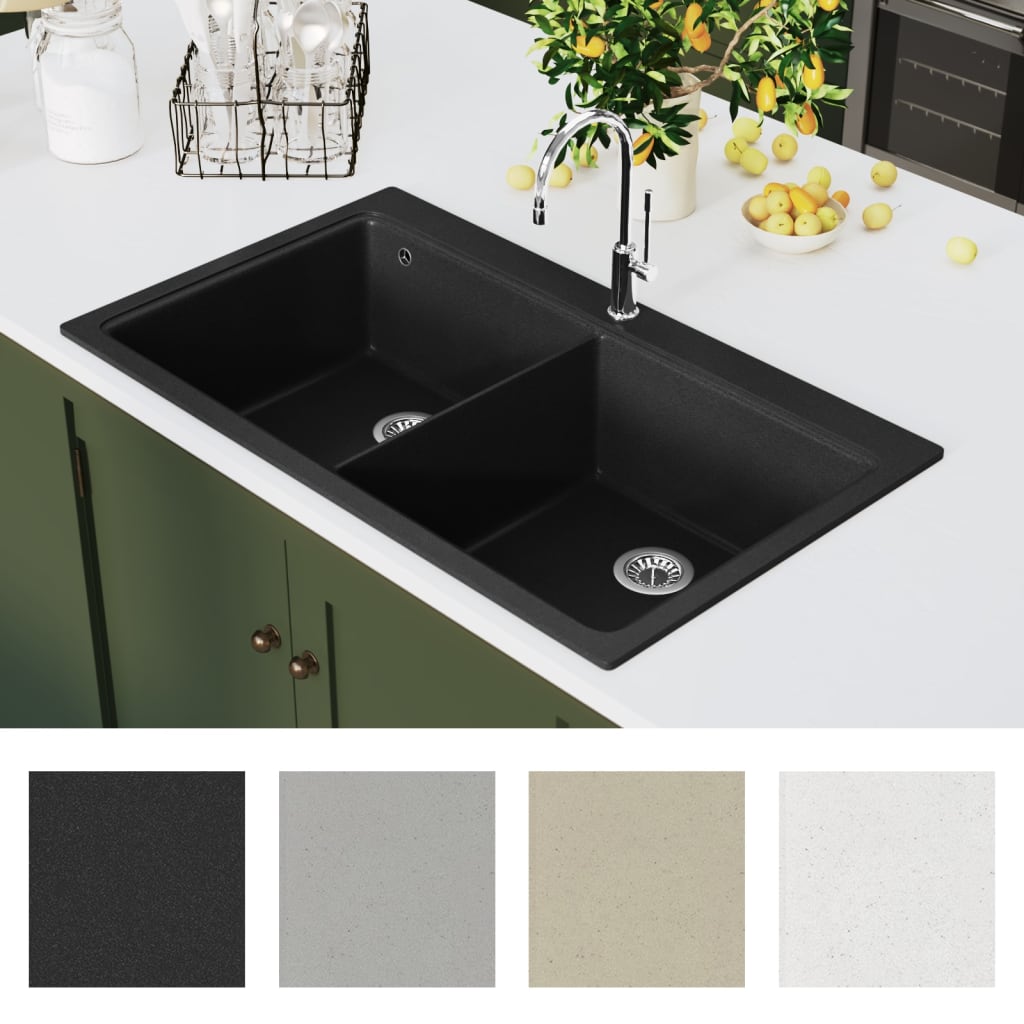 Undermount granite kitchen sink, double bowl, black