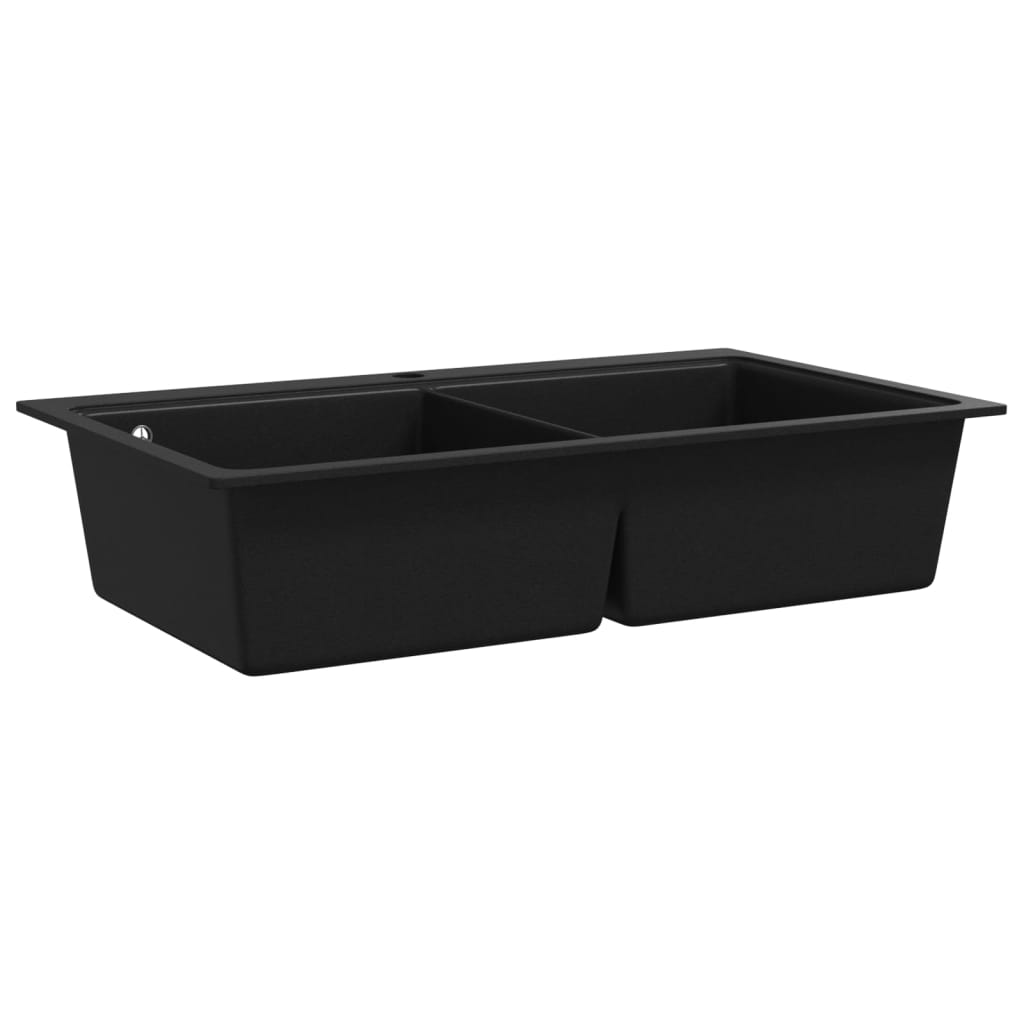 Undermount granite kitchen sink, double bowl, black