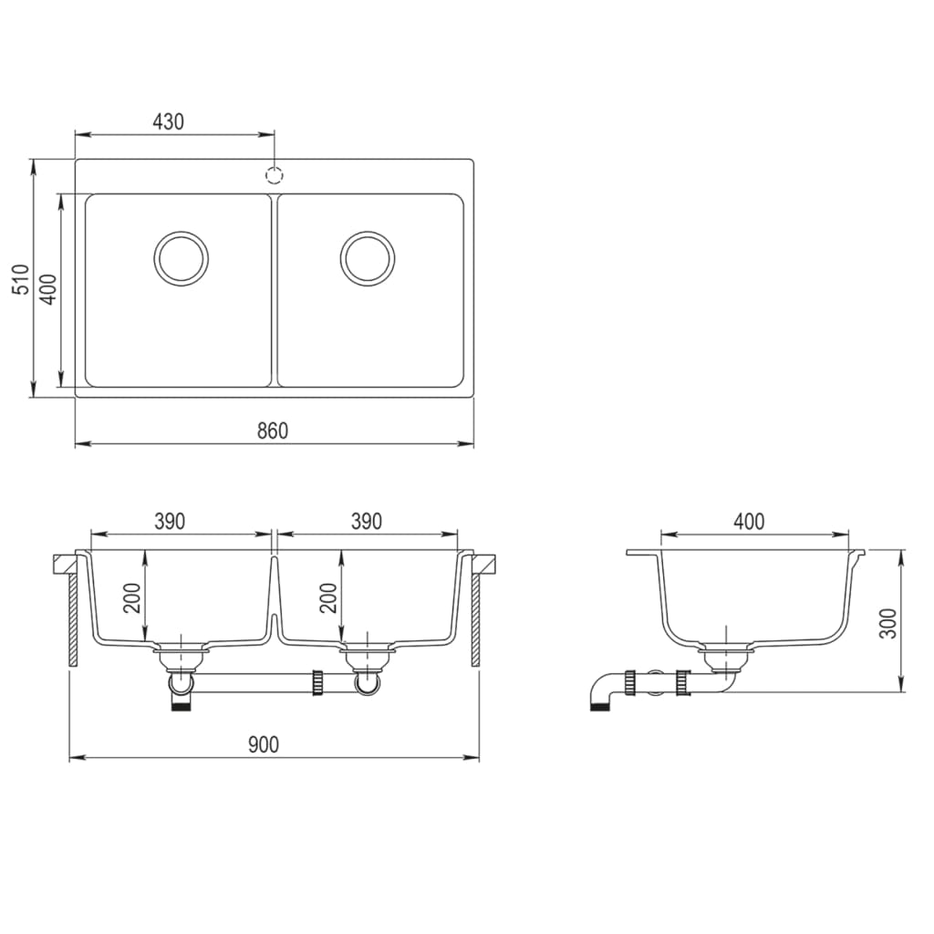 Undermount granite kitchen sink, double bowl, black