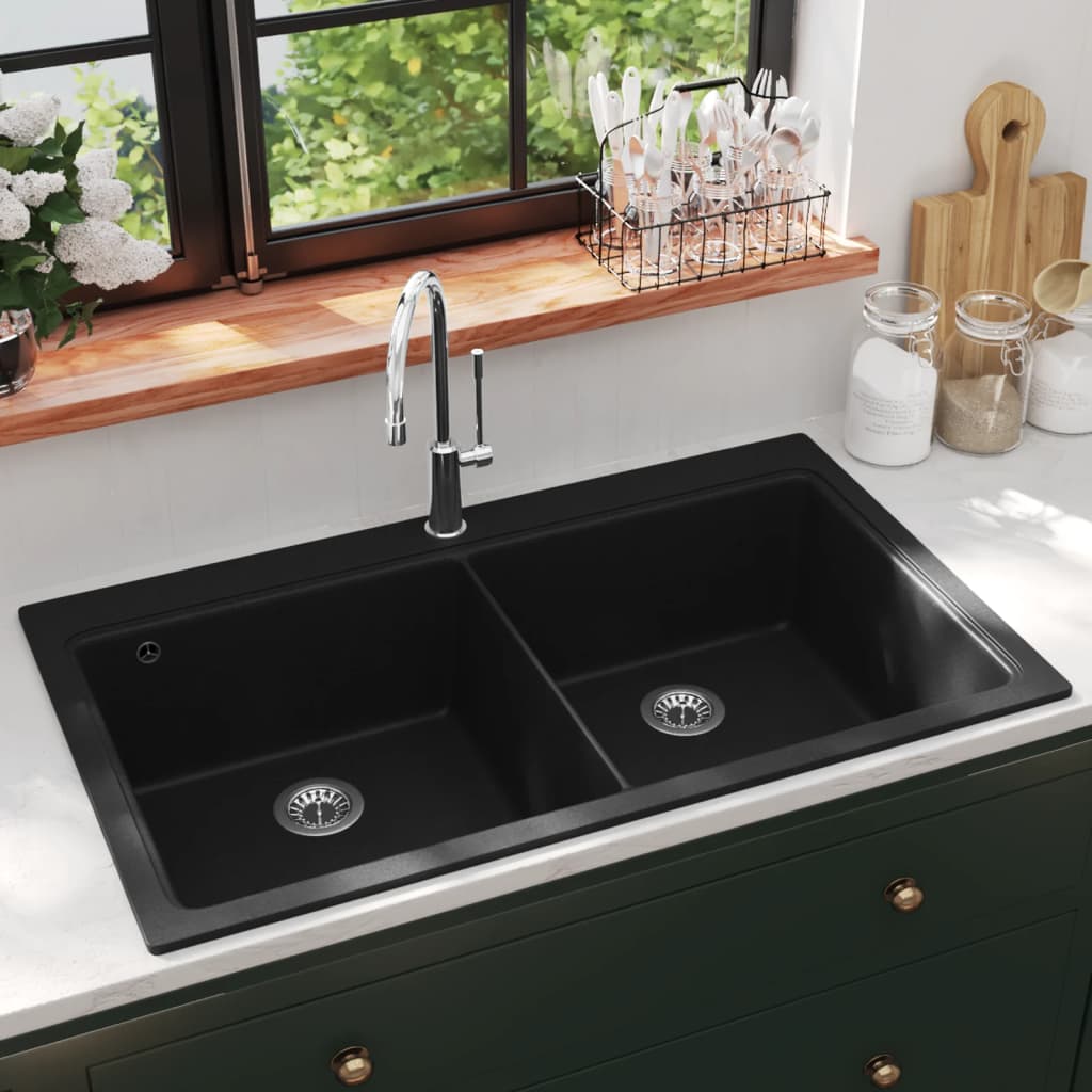 Undermount granite kitchen sink, double bowl, black