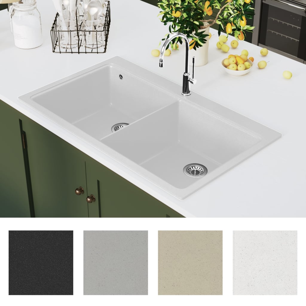 Undermount granite kitchen sink, double bowl, cream white