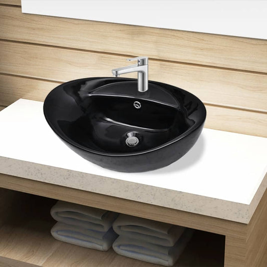 Bathroom sink, tap hole/overflow, black, ceramic, oval