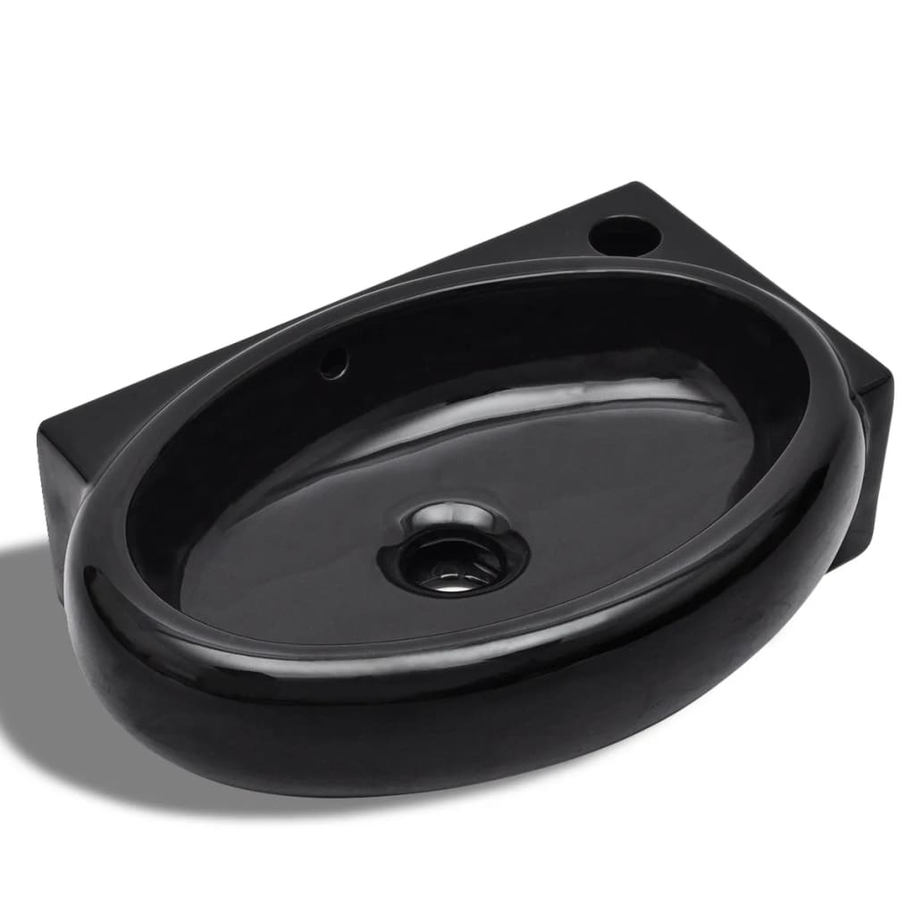 Bathroom sink tap hole/overflow, black, ceramic, round