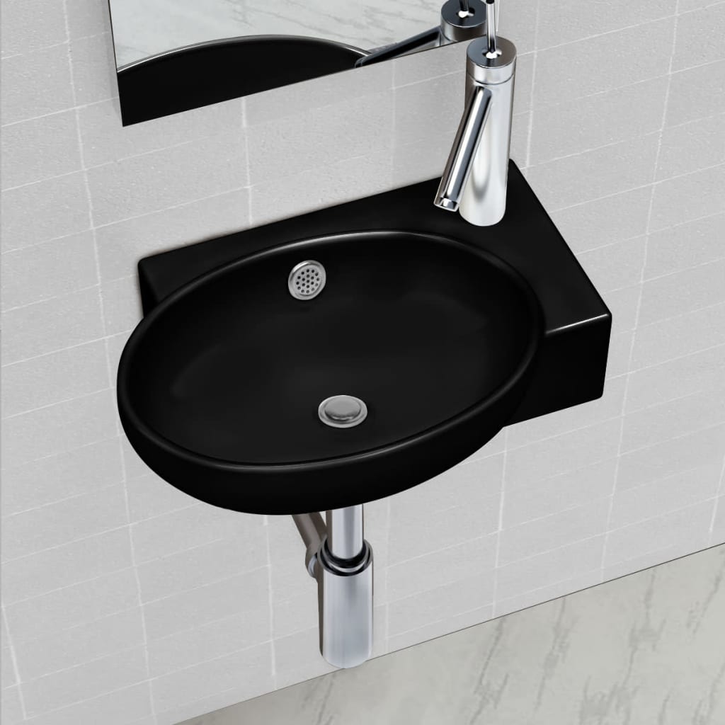 Bathroom sink tap hole/overflow, black, ceramic, round