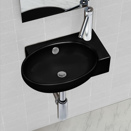 Bathroom sink tap hole/overflow, black, ceramic, round