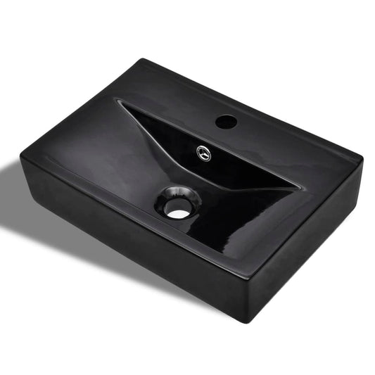 Bathroom sink with tap/overflow black ceramic rectangular