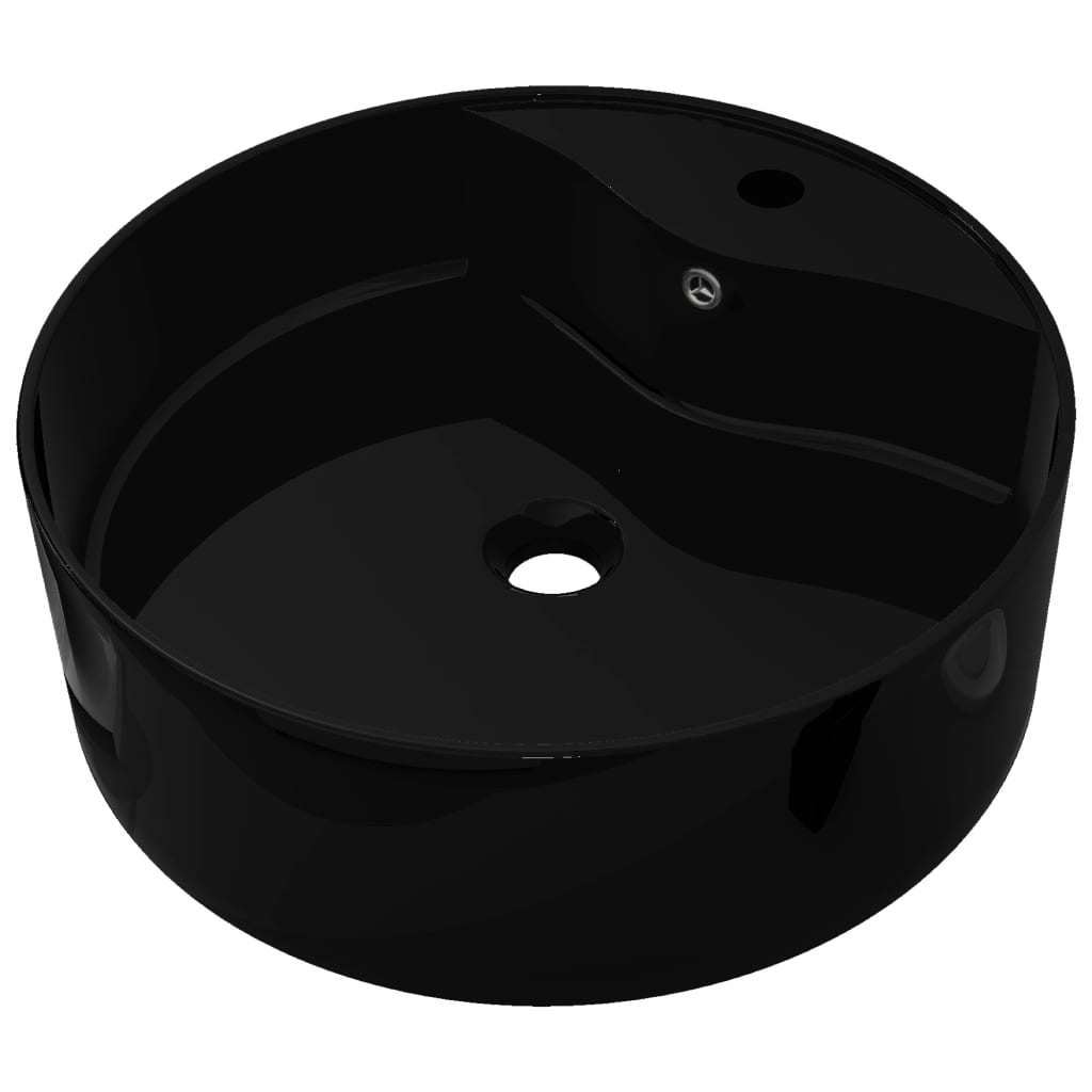 Ceramic bathroom sink basin with tap/overflow hole, round, black