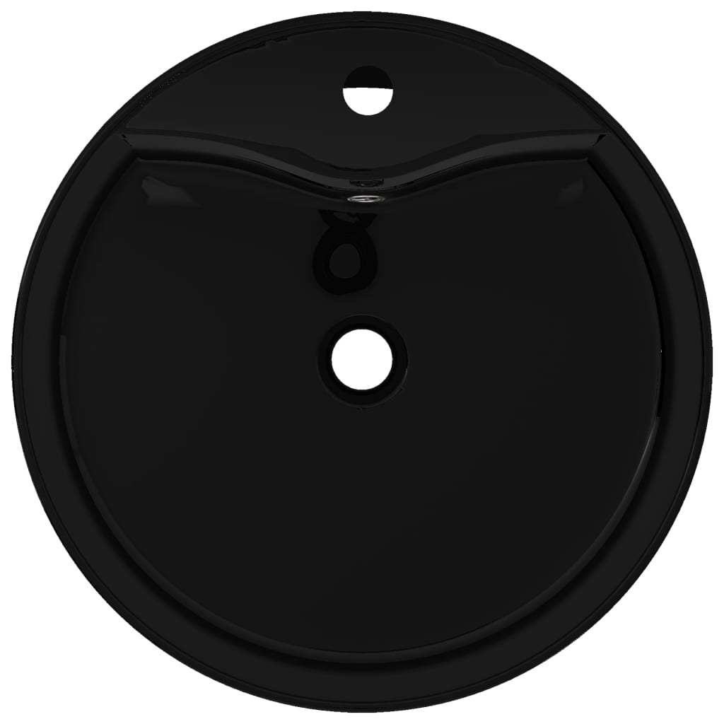 Ceramic bathroom sink basin with tap/overflow hole, round, black