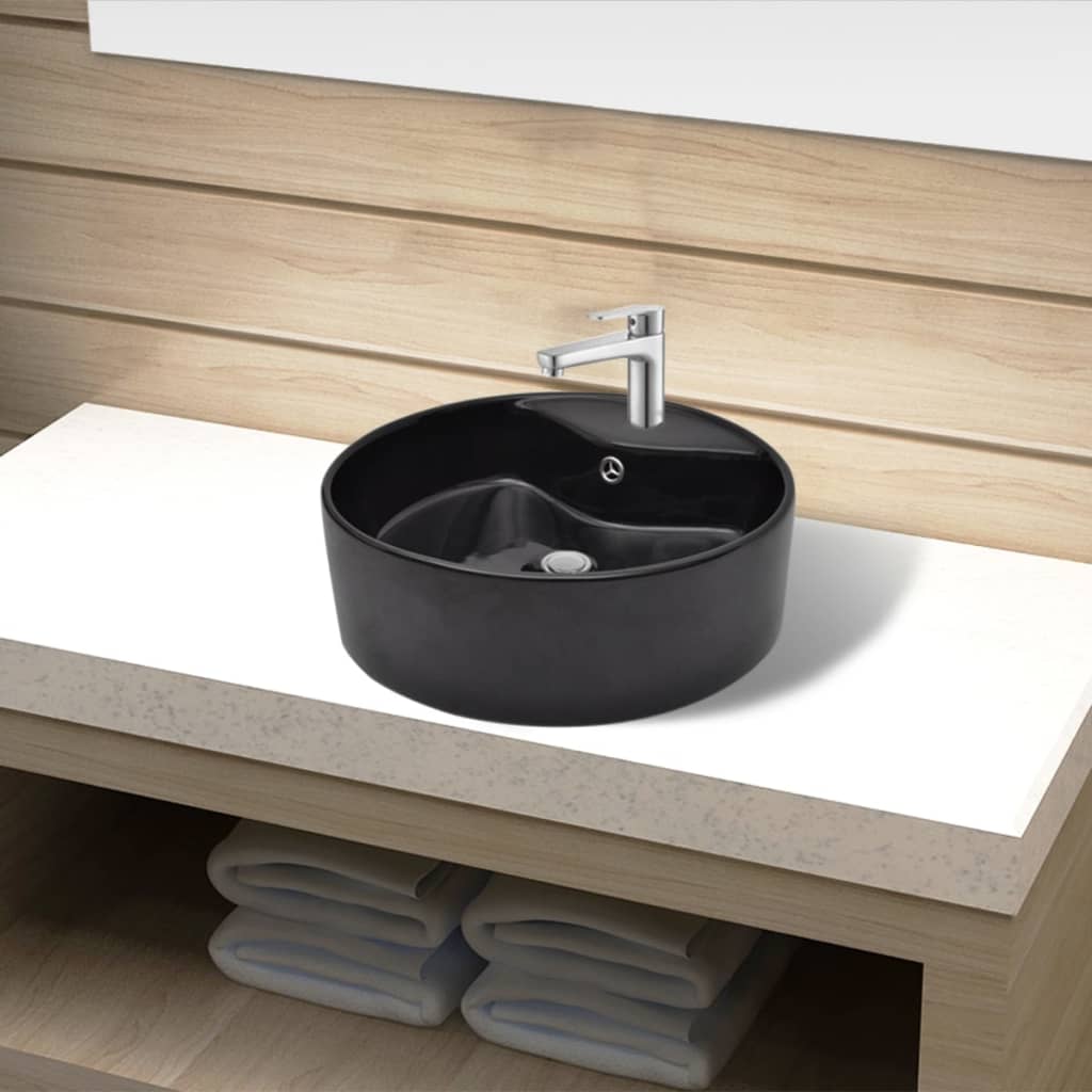 Ceramic bathroom sink basin with tap/overflow hole, round, black