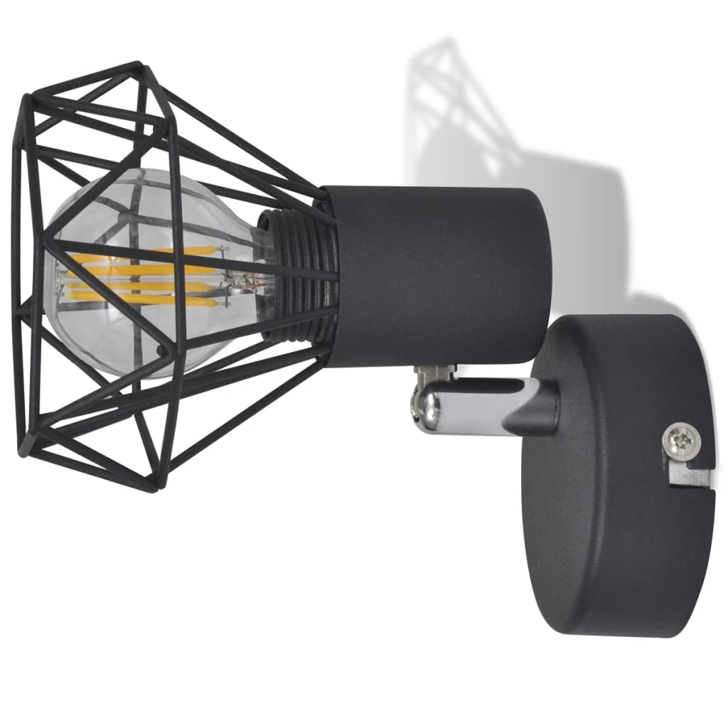 Industrial style wire frame wall light, black, LED filament bulb