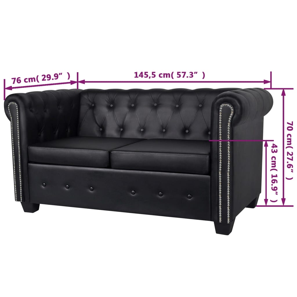 Chesterfield 2-seater sofa, faux leather, black