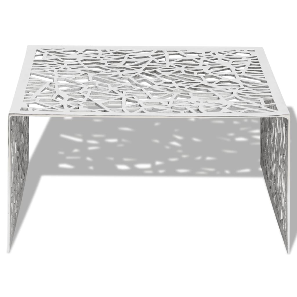 Coffee table with geometric design, silver, aluminum