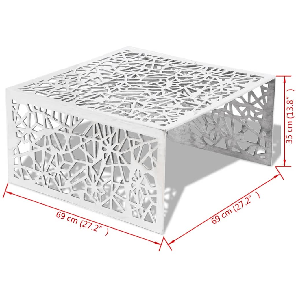 Coffee table with geometric design, silver, aluminum