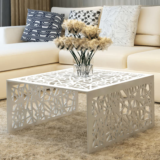 Coffee table with geometric design, silver, aluminum